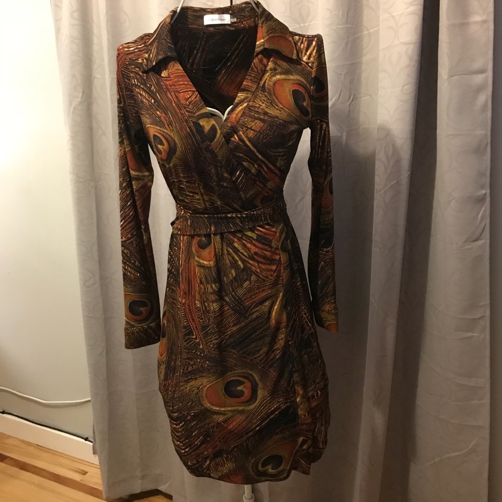 Calvin Klein Peacock long sleeved wrap dress